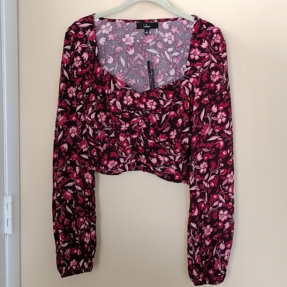 Lulus flirty Sexy floral Long Sleeve ruched Crop top shirt blouse S Vacation